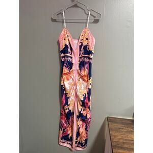 SHEIN Pink Baroque Floral Bodycon Midi Dress Spaghetti Strap Size L